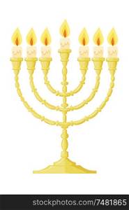 Vector illustration of a menorah with candles on a white background. Cartoon image of the Jewish menorah. Cartoon style. The subject of Jewish religion