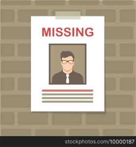  vector illustration of a  missing person, graphic wanted poster, lost anonymous man