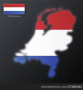 Vector illustration of a modern halftone design element in the shape of The Netherlands, European Union. Second halftone, border and contents, on separate layer. Additional flag included.