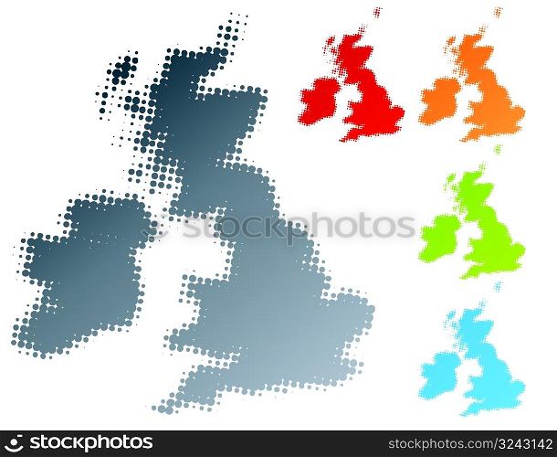 Vector illustration of a modern halftone design element in the shape of the United Kingdom and Ireland country. Separable.