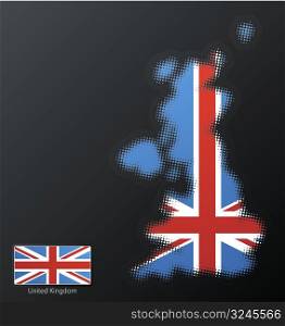 Vector illustration of a modern halftone design element in the shape of United Kingdom, European Union. Second halftone, border and contents, on separate layer. Additional flag included.