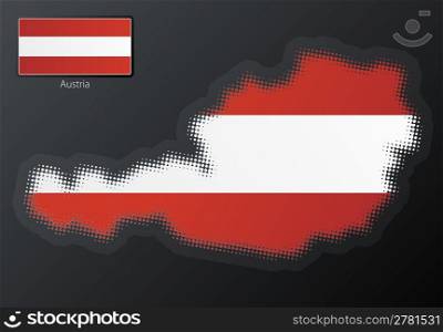 Vector illustration of a modern halftone design element in the shape of Austria, European Union. Second halftone, border and contents, on separate layer. Additional flag included.