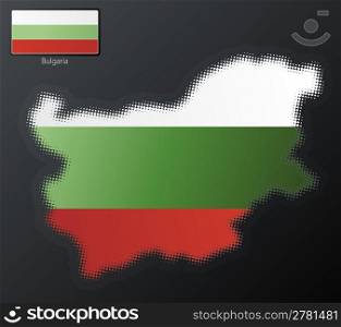Vector illustration of a modern halftone design element in the shape of Bulgaria, European Union. Second halftone, border and contents, on separate layer. Additional flag included.