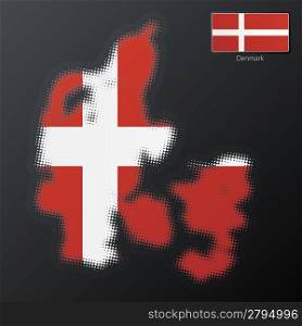 Vector illustration of a modern halftone design element in the shape of Denmark, European Union. Second halftone, border and contents, on separate layer. Additional flag included.