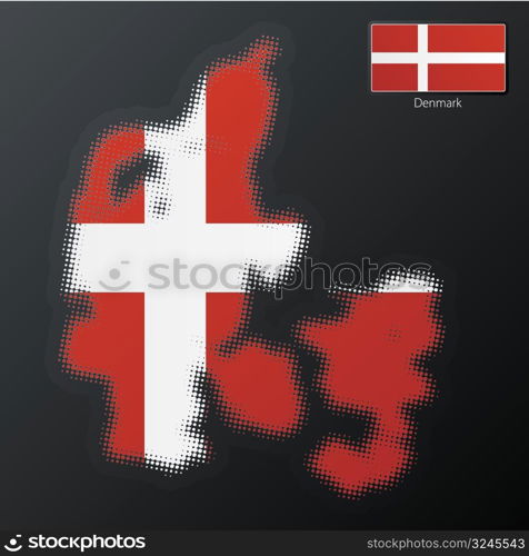 Vector illustration of a modern halftone design element in the shape of Denmark, European Union. Second halftone, border and contents, on separate layer. Additional flag included.