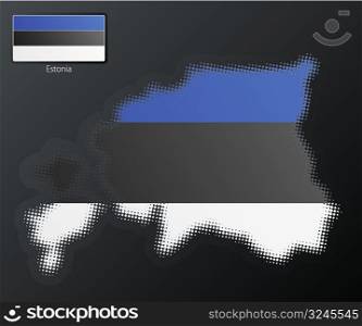 Vector illustration of a modern halftone design element in the shape of Estonia, European Union. Second halftone, border and contents, on separate layer. Additional flag included.