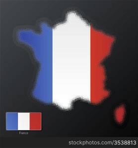 Vector illustration of a modern halftone design element in the shape of France, European Union. Second halftone, border and contents, on separate layer. Additional flag included.