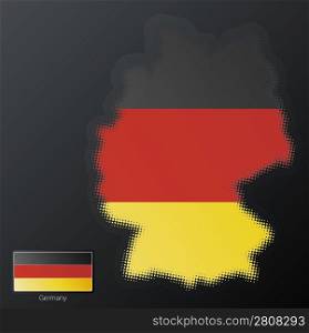 Vector illustration of a modern halftone design element in the shape of Germany, European Union. Second halftone, border and contents, on separate layer. Additional flag included.