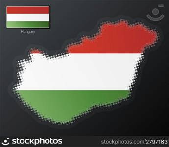 Vector illustration of a modern halftone design element in the shape of Hungary, European Union. Second halftone, border and contents, on separate layer. Additional flag included.