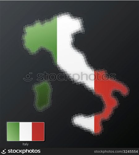 Vector illustration of a modern halftone design element in the shape of Italy, European Union. Second halftone, border and contents, on separate layer. Additional flag included.