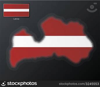 Vector illustration of a modern halftone design element in the shape of Latvia, European Union. Second halftone, border and contents, on separate layer. Additional flag included.