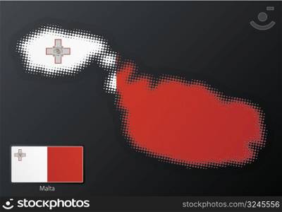 Vector illustration of a modern halftone design element in the shape of Malta, European Union. Second halftone, border and contents, on separate layer. Additional flag included.