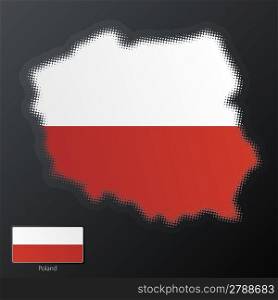 Vector illustration of a modern halftone design element in the shape of Poland, European Union. Second halftone, border and contents, on separate layer. Additional flag included.