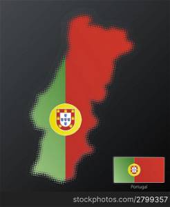 Vector illustration of a modern halftone design element in the shape of Portugal, European Union. Second halftone, border and contents, on separate layer. Additional flag included.