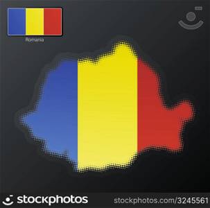 Vector illustration of a modern halftone design element in the shape of Romania, European Union. Second halftone, border and contents, on separate layer. Additional flag included.