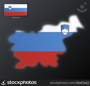 Vector illustration of a modern halftone design element in the shape of Slovenia, European Union. Second halftone, border and contents, on separate layer. Additional flag included.