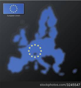 Vector illustration of a modern halftone design element in the shape of the European Union. Second halftone, border and contents, on separate layer. Additional flag included.