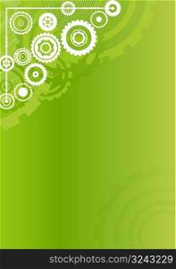 Vector illustration of a modern industrial clockwork pattern background. Technology concept in vivid green. Vertical.