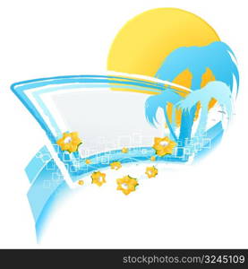 Vector illustration of a modern summer design element with blank banner, floral elements, sunset and silhouette palms and lined artwork. Detailed.
