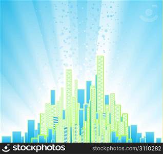 Vector illustration of a modern urban background with flowing celebration stars and a glowing horizon.