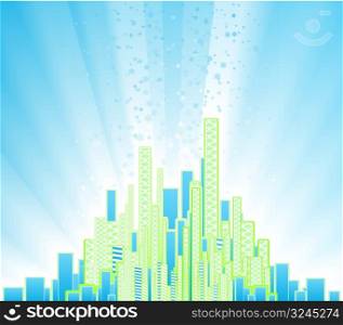 Vector illustration of a modern urban background with flowing celebration stars and a glowing horizon.