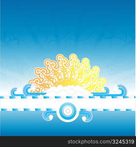 Vector illustration of a multi layered sunny summer background design. Empty striped frame for custom text, funky floral sun, water wave splashes and retro clouds.