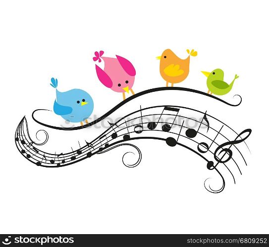Vector illustration of a music background with birds, musical notes