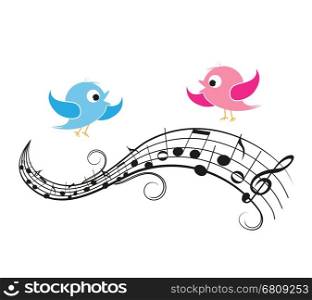 Vector illustration of a music background with birds, musical notes