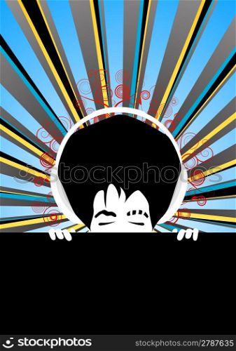 Vector illustration of a music/dj background with a central man with closed eyes listening to music on headphones and a party/disco theme.