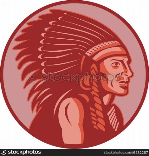 vector illustration of a native american indian chief side view done in retro style. native american indian chief side view