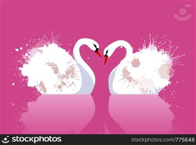 Vector illustration of a pair of swans with watercolor splashes. Love. Vector element for your creativity. Vector illustration of a pair of swans with watercolor splashes.