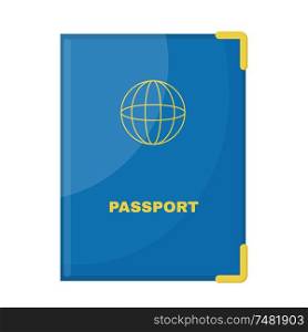 Vector illustration of a passport in a blue cover on a white background. Isolated object. Cartoon style passport