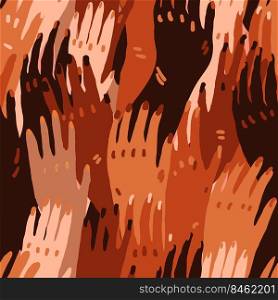 Vector illustration of a people&rsquo;s hands with different skin color together. Race equality, feminism, tolerance art in minimal style. Seamless tile pattern.. Vector illustration of a people&rsquo;s hands with different skin color