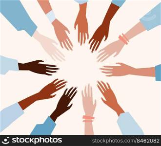 Vector illustration of a people’s hands with different skin color together. Minimal flat style art.