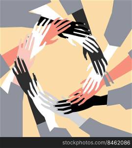 Vector illustration of a people’s hands with different skin color together. Minimal flat style art.