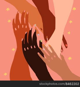 Vector illustration of a people’s hands with different skin color together. Race equality, feminism, tolerance art in minimal style. Seamless tile pattern.. Vector illustration of a people’s hands with different skin color