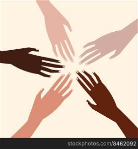 Vector illustration of a people’s hands with different skin color together. Minimal flat style.