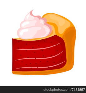 Vector illustration of a piece of cake with cream on a white background. Cartoon cake with pink cream and sweet red berry filling. Food for the holidays, festive dessert