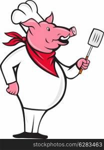 Vector illustration of a pig chef holding a spatula standing to side done in cartoon style.&#xA;