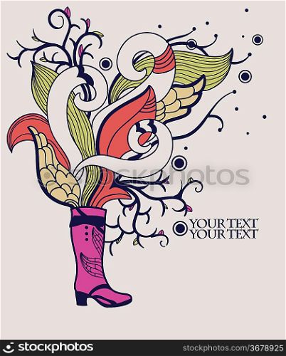 vector illustration of a pink gumboot with abstract colorful plants and wings