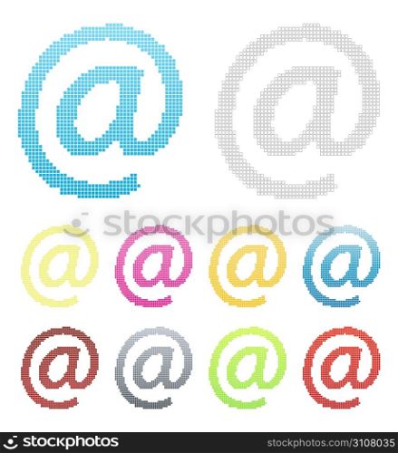 Vector illustration of a pixelated mail at symbol made of squares. Ten different versions.