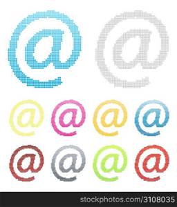 Vector illustration of a pixelated mail at symbol made of squares. Ten different versions.