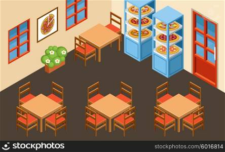Vector illustration of a pizzeria. Interior. Tables and chairs