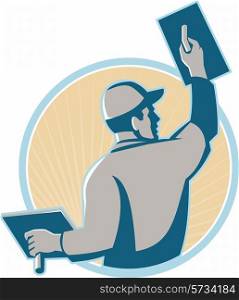 vector illustration of a plasterer construction mason worker with trowel at work set inside a circle done in retro style.