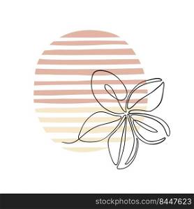 Vector illustration of a plumeria flower on a sunset or dawn background, linear art. Boho style with spots of warm shades