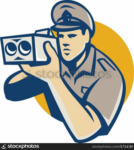 vector illustration of a policeman holding operating police speed camera set inside cricle done in retro style.