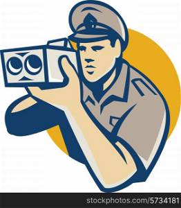 vector illustration of a policeman holding operating police speed camera set inside cricle done in retro style.