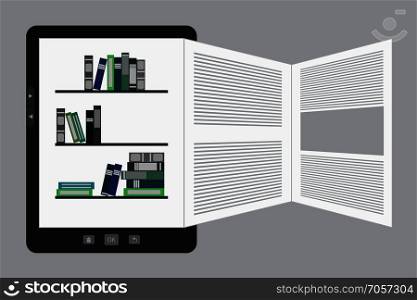 Vector illustration of a portable modern tablet  e-book reader with book pages.. portable modern tablet  e-book reader.