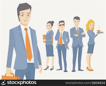 Vector illustration of a portrait of a man in a jacket lawyer with a briefcase in his hand on the background of business team of young businesspeople
