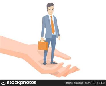 Vector illustration of a portrait of a man in a jacket lawyer with a briefcase in his hand standing together on palm of the hand on white background